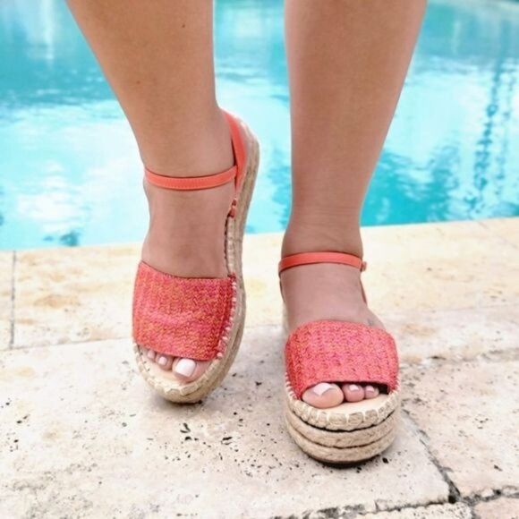 Shoes - Trendy Coral Espadrille Wedge Sandals Open Toe Faux Leather